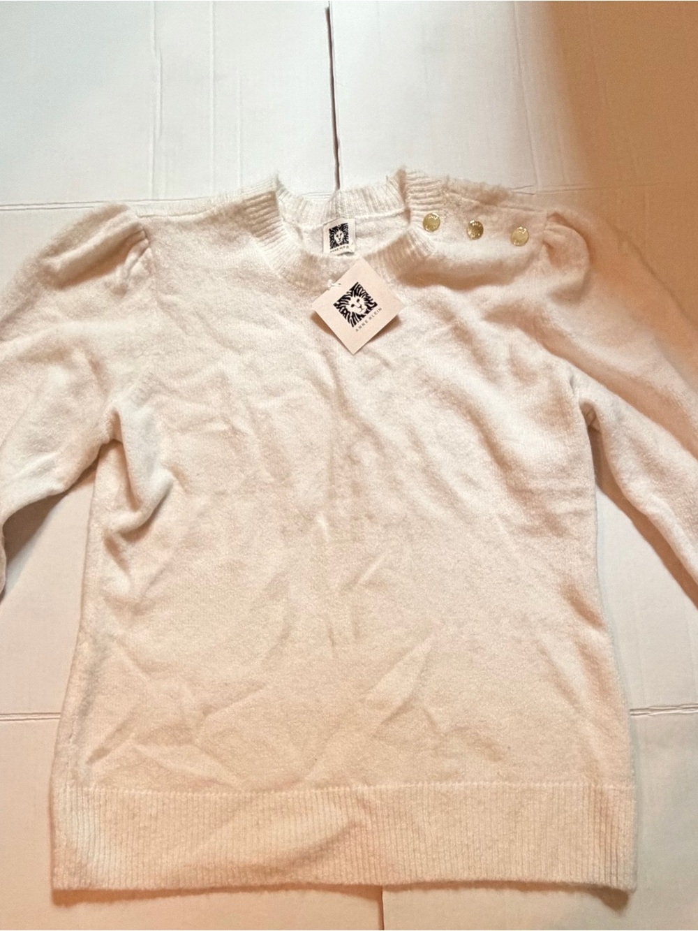 Anne Klein Cream Crewneck Sweater with Shoulder Buttons